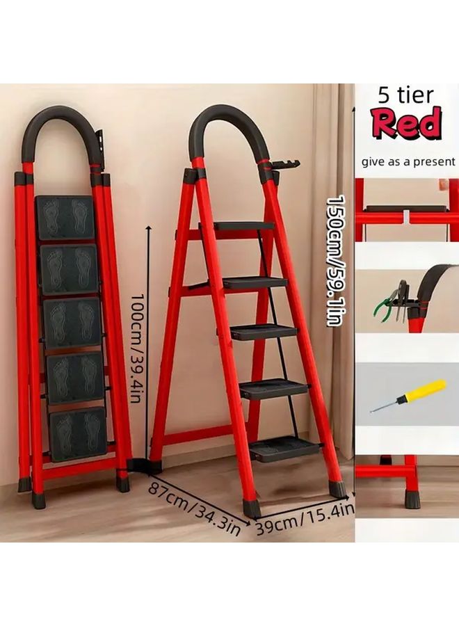 2 Layers Red Multi Functional Folding Ladder Portable Thickened Metal Serrated Design Indoor Outdoor Use - Image 2